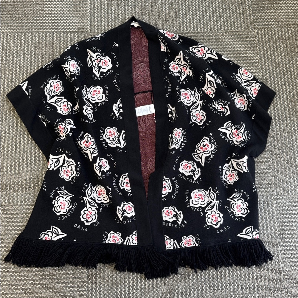 Diane Von Furstenberg Black & White Wool Blend Floral Cape, size S